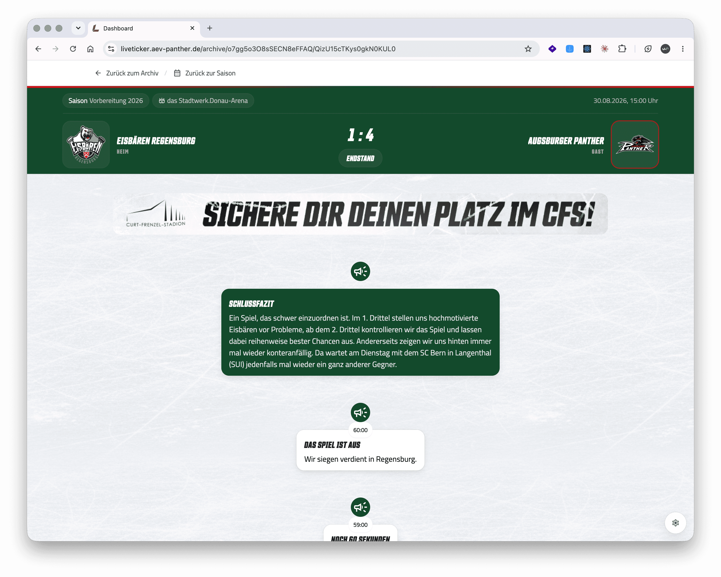 Archivseite des Testspiels Eisbären Regensburg gegen Augsburger Panther