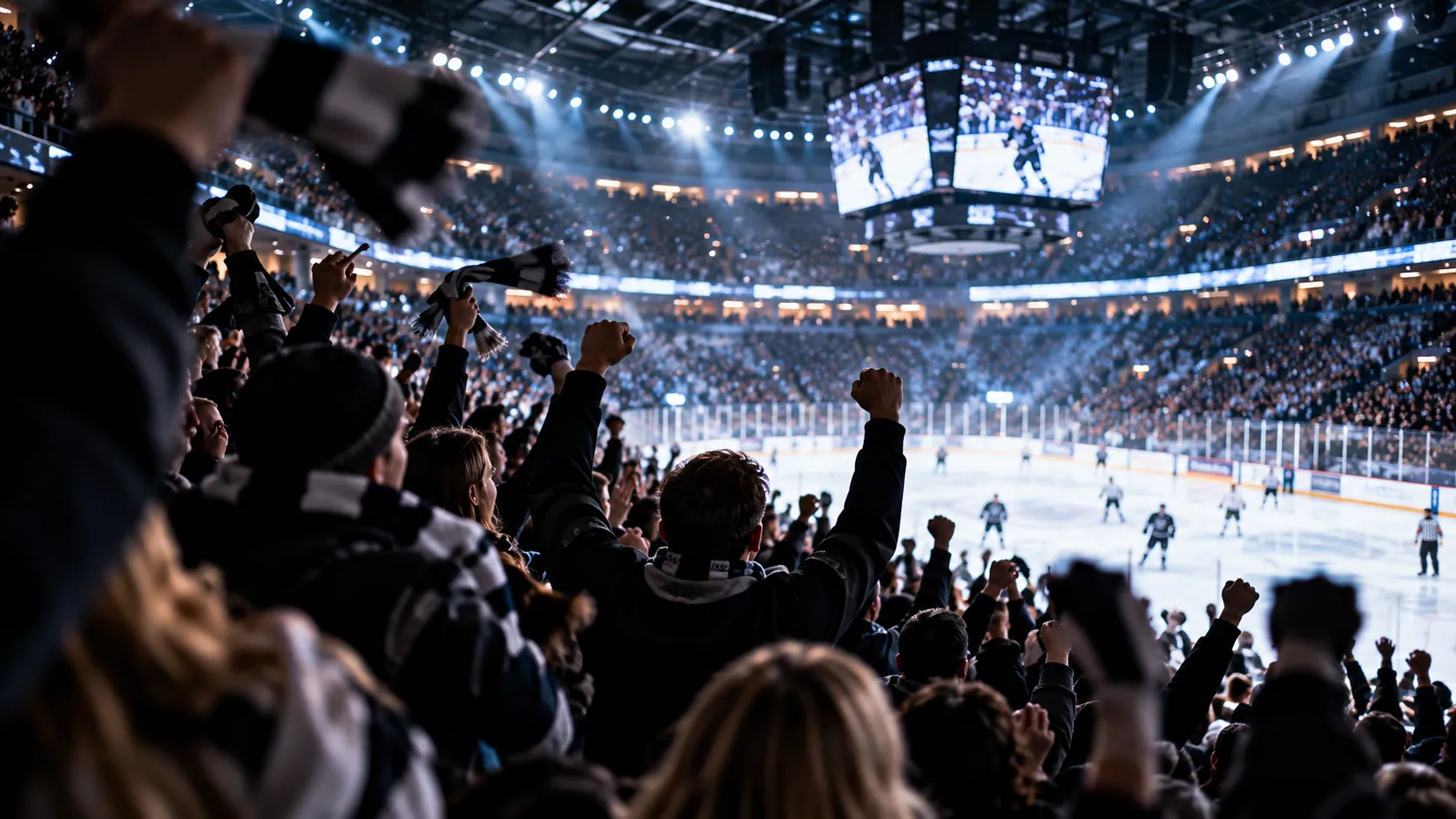 Fans celebrating in the stands, backlit