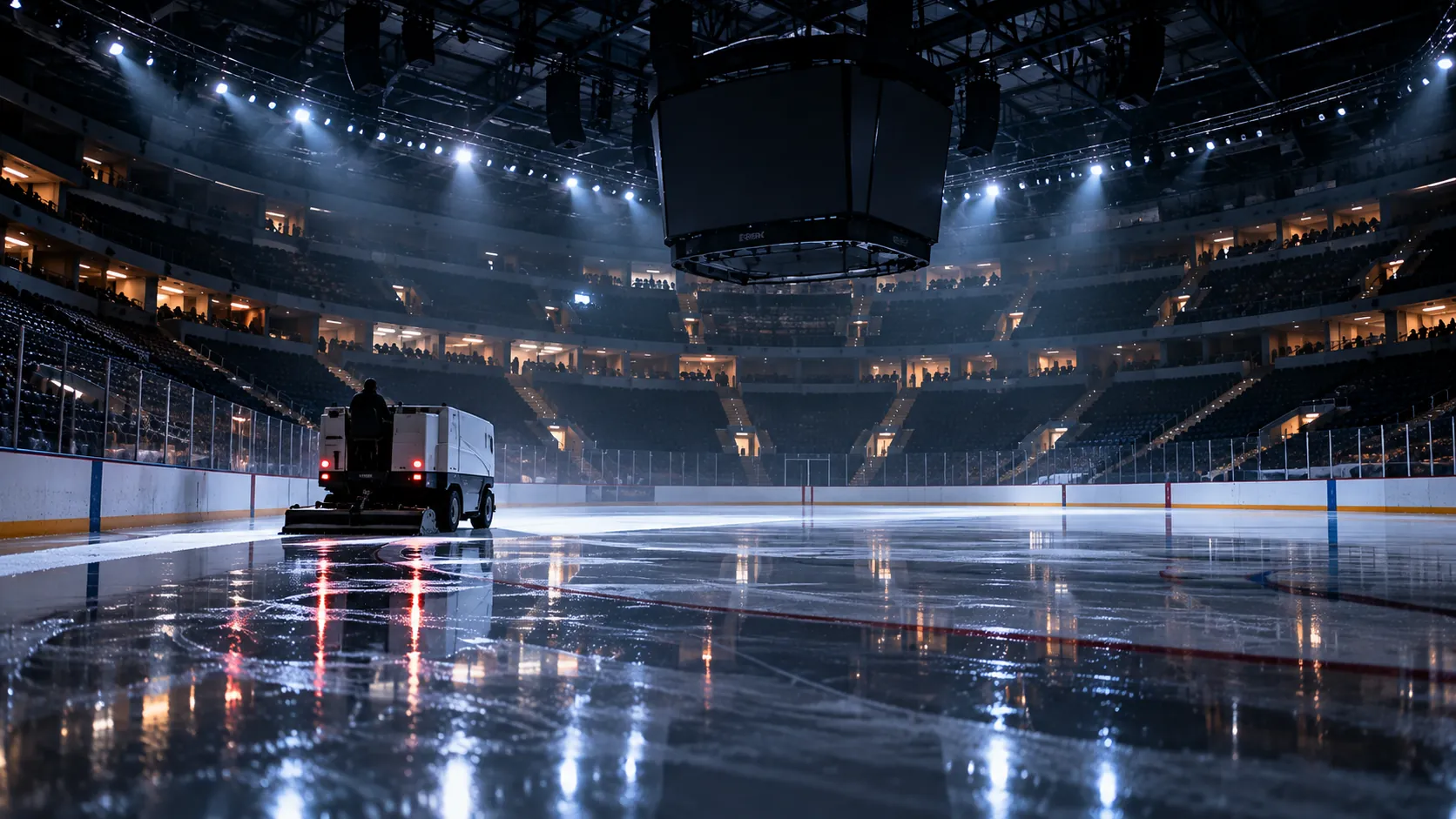 Empty arena after the game, the ice resurfacer on its lap