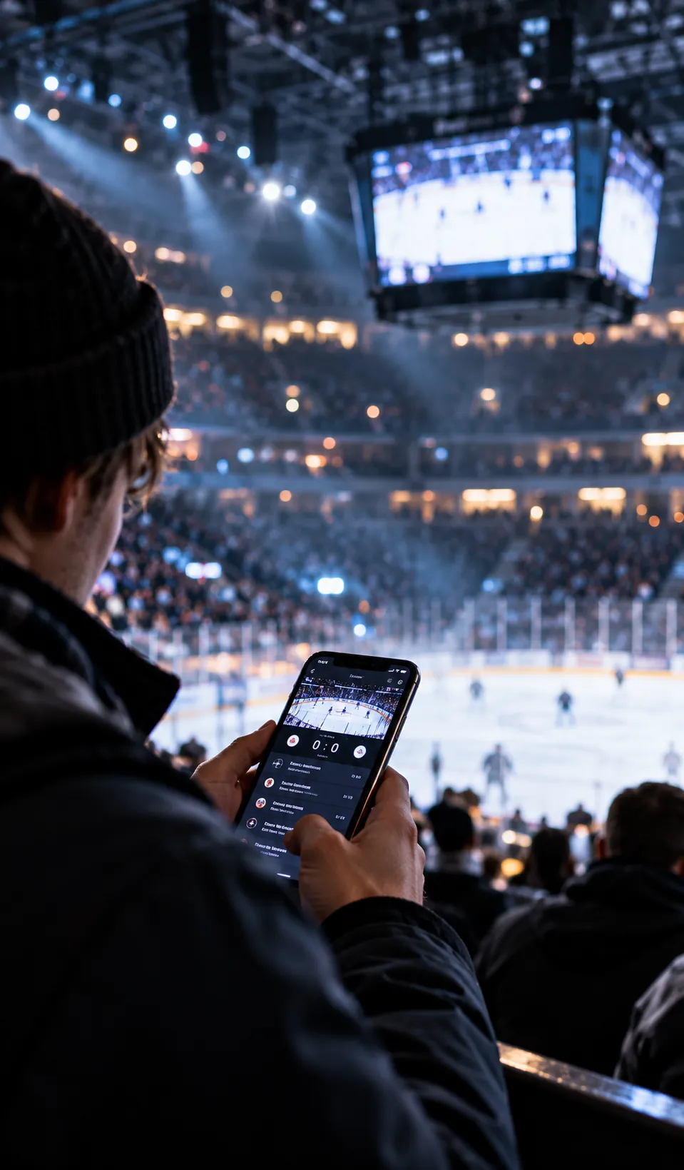 Fan in the stands holding a smartphone