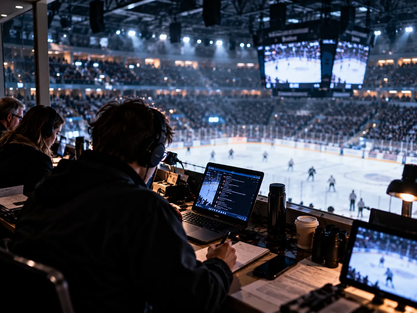 Editorial desk in the press box above the ice